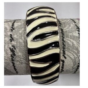 Zebra Print Bracelet Hinged Bangle Chunky Cuff Silver Tone